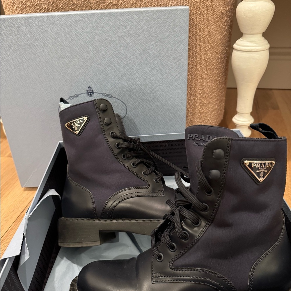 Prada Black/ Blue Leather and Re-Nylon Combat Boots (Size 37) - Picture 11 of 12